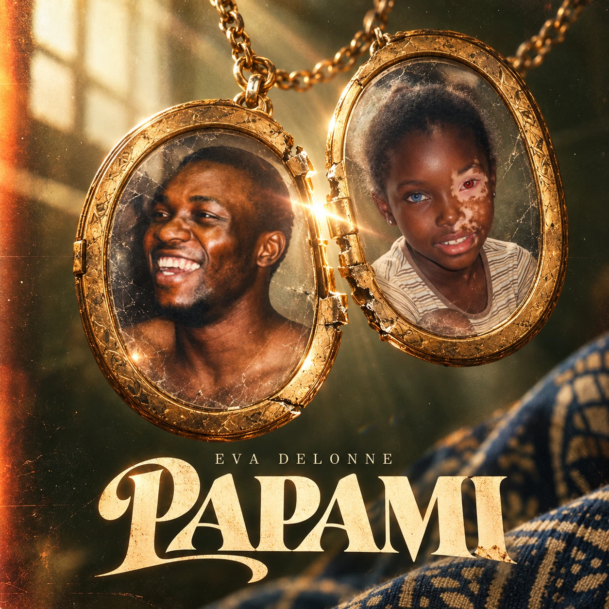 PAPAMI cover: portraits of Eva and her father held together inside an open gold locket