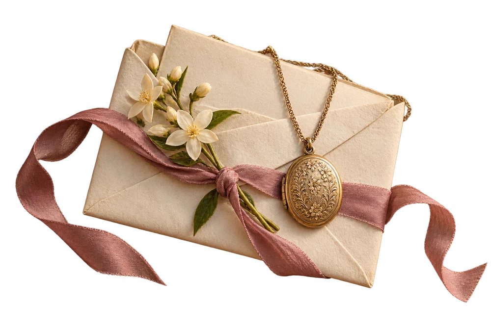 An ivory envelope, a rose ribbon and a golden locket